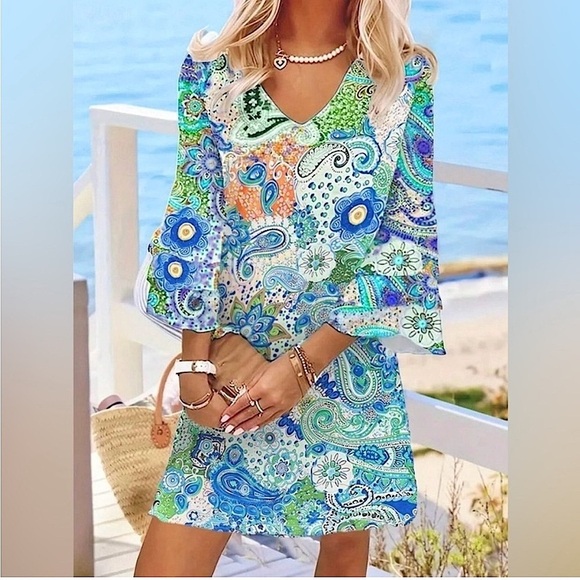 Flower Print Summer Boho Bell Sleeve‎ A-line Mini Summer Sundress, Size M, NWOT - Picture 3 of 12